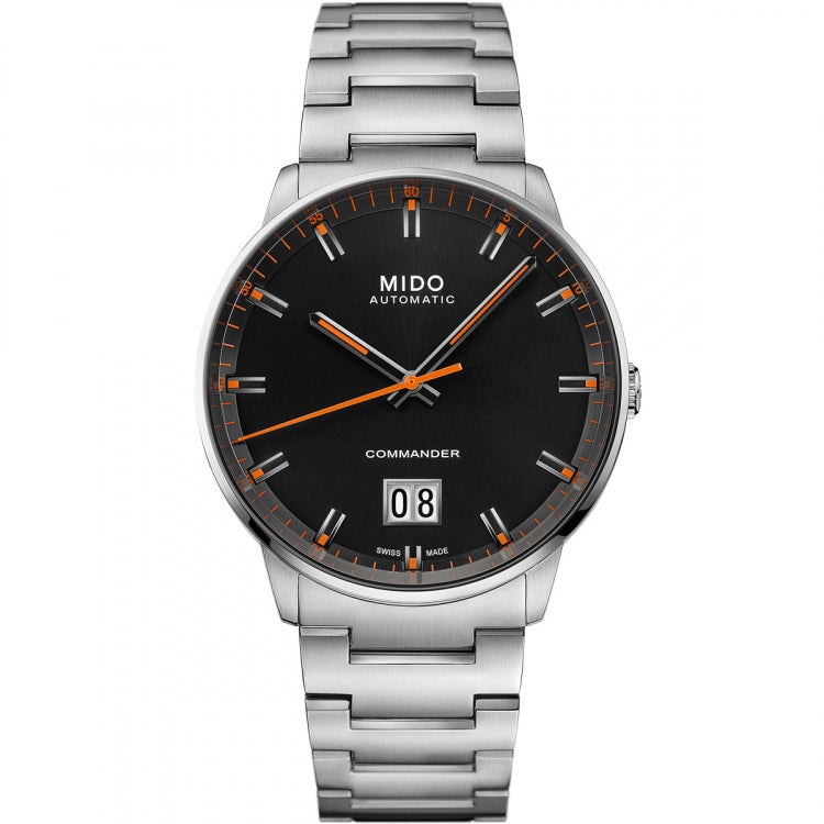 MIDO MOD. COMMANDER BIG DATE stainless steel wristwatch featuring automatic movement with black dial and SS bracelet.