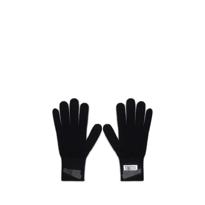 MM6 Black Wool Gloves featuring soft wool with logo patch design for warmth and style, ideal for AW25 season cold weather fashion.