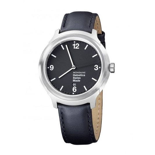 MONDAINE Mod. HELVETICA No. 1 BOLD wristwatch with sapphire dial, stainless steel case, and black leather strap