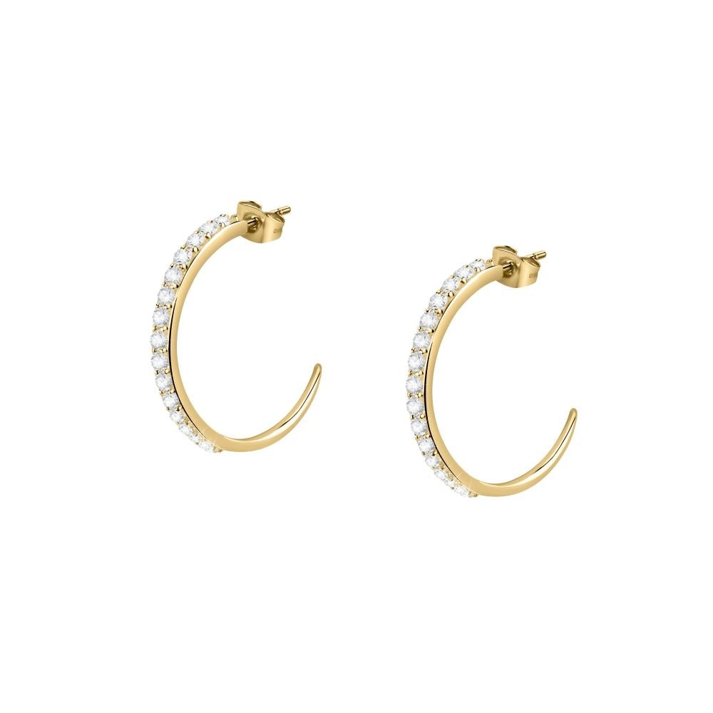 Gold hoop earrings embellished with crystals, designed for women, shown in official packaging. MORELLATO MOD. SAUZ32.