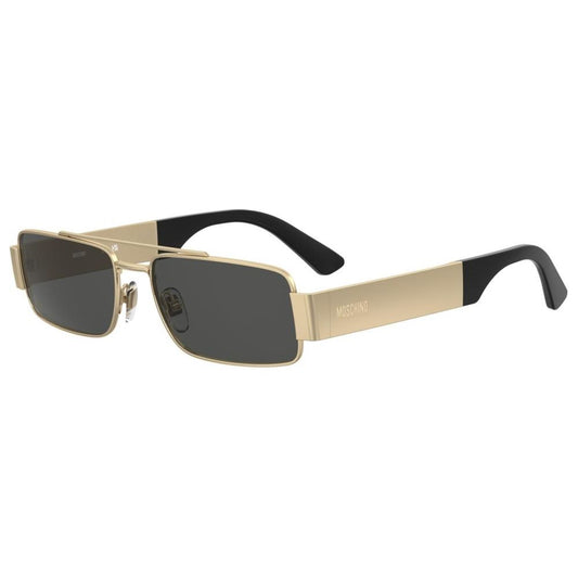 Unisex MOSCHINO MOD. MOS184_S metal sunglasses with black lenses and gold frames.