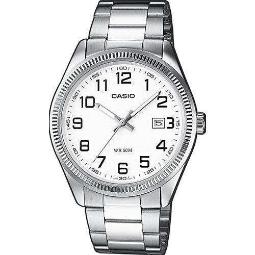 CASIO COLLECTION Mod. DATE - WHITE. ARAB NUMBERS wristwatch, 5 ATM water resistant, stainless steel case and strap, quartz movement.
