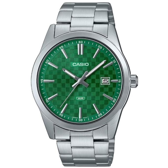 CASIO COLLECTION Mod. DATE - CARBON LOOK - GREEN stainless steel wristwatch with green dial, 3 ATM water resistance, and quartz movement.
