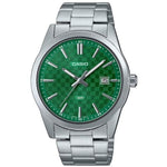 CASIO COLLECTION Mod. DATE - CARBON LOOK - GREEN stainless steel wristwatch with green dial, 3 ATM water resistance, and quartz movement.