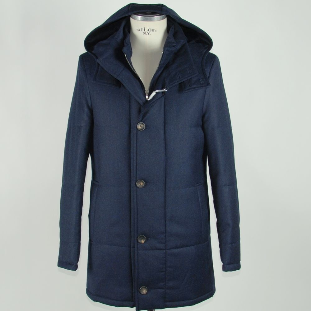 Made in Italy Blue Wool Men's Jacket with hood and buttons, luxury tailored outerwear.
