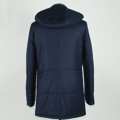 Back view of Made in Italy Blue Wool Men's Jacket showcasing hooded design and sleek tailoring.