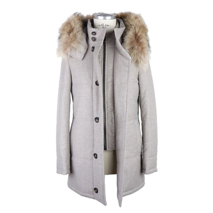 Made in Italy Gray Wool Men Jacket with fur-trimmed hood, tailored design, button closure, and luxurious cashmere blend.