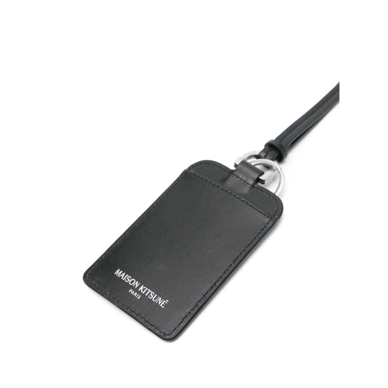 Maison Kitsuné Fox Head leather neck cardholder in black calf leather with logo stamp and detachable strap.