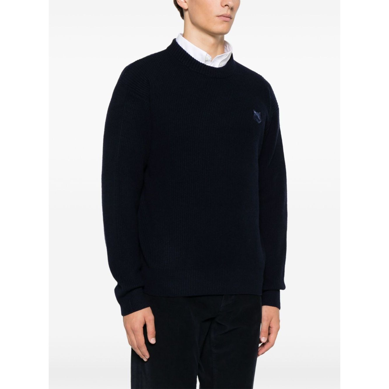 Maison Kitsuné MAISON KITSUNE' Sweaters Blue oxford blue wool jumper with logo patch and ribbed trim, crew neck and long sleeves