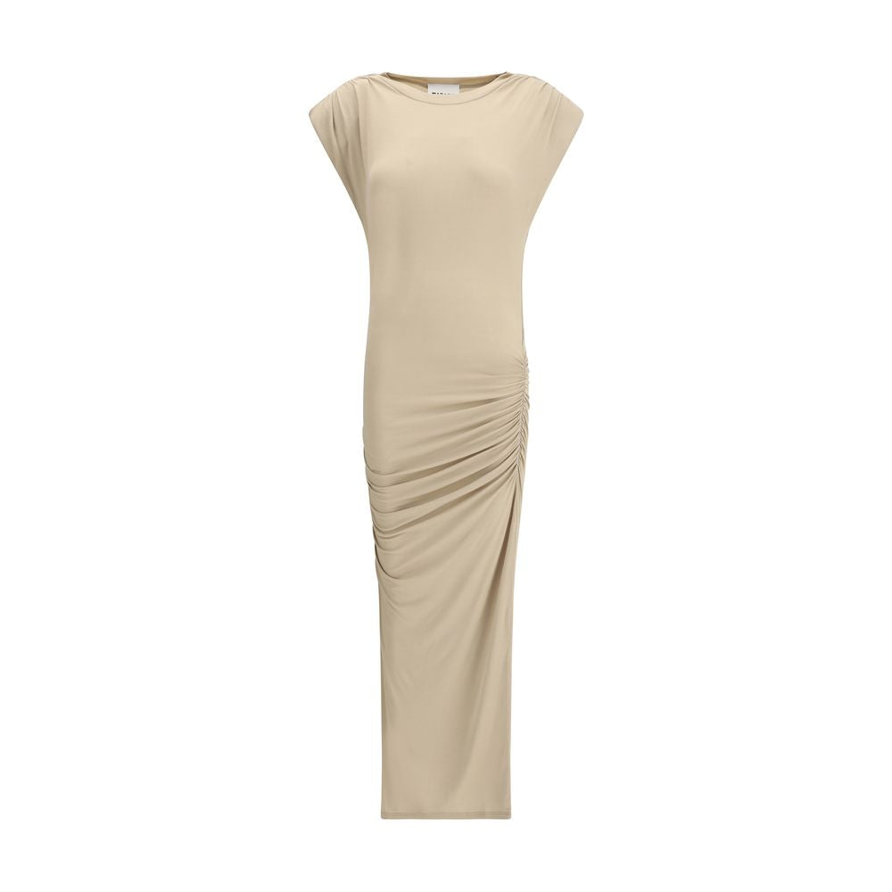 Marant Etoile Beige Modal Casual Dress with draped design, cap sleeves, and midi length for a feminine, modern look.