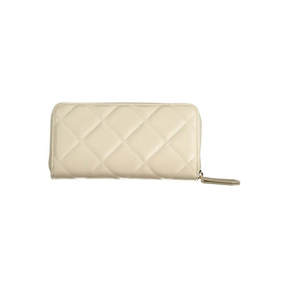 Mario Valentino Beige Polyethylene Wallet with 6 compartments, coin purse, card spaces, zip closure, and contrasting details.