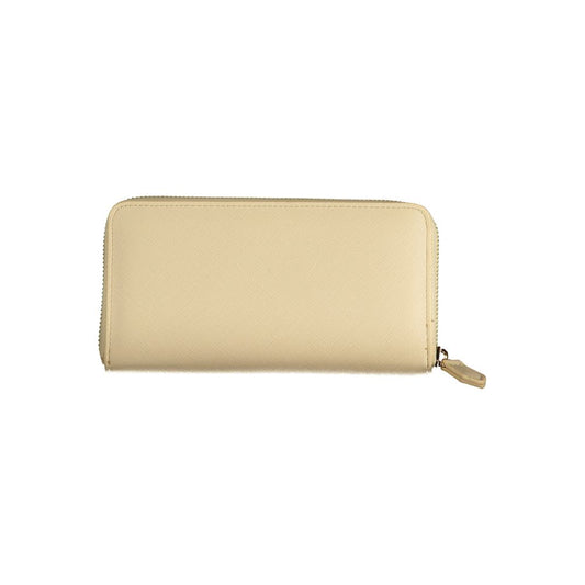 Mario Valentino Beige Polyethylene Wallet with zip closure, featuring 6 compartments, coin purse, contrasting details, and logo.
