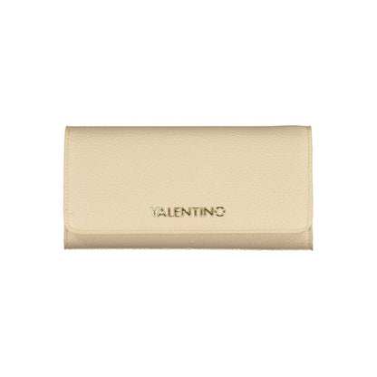 Mario Valentino Beige Polyurethane Women Wallet with logo, featuring sleek design and ample card space.