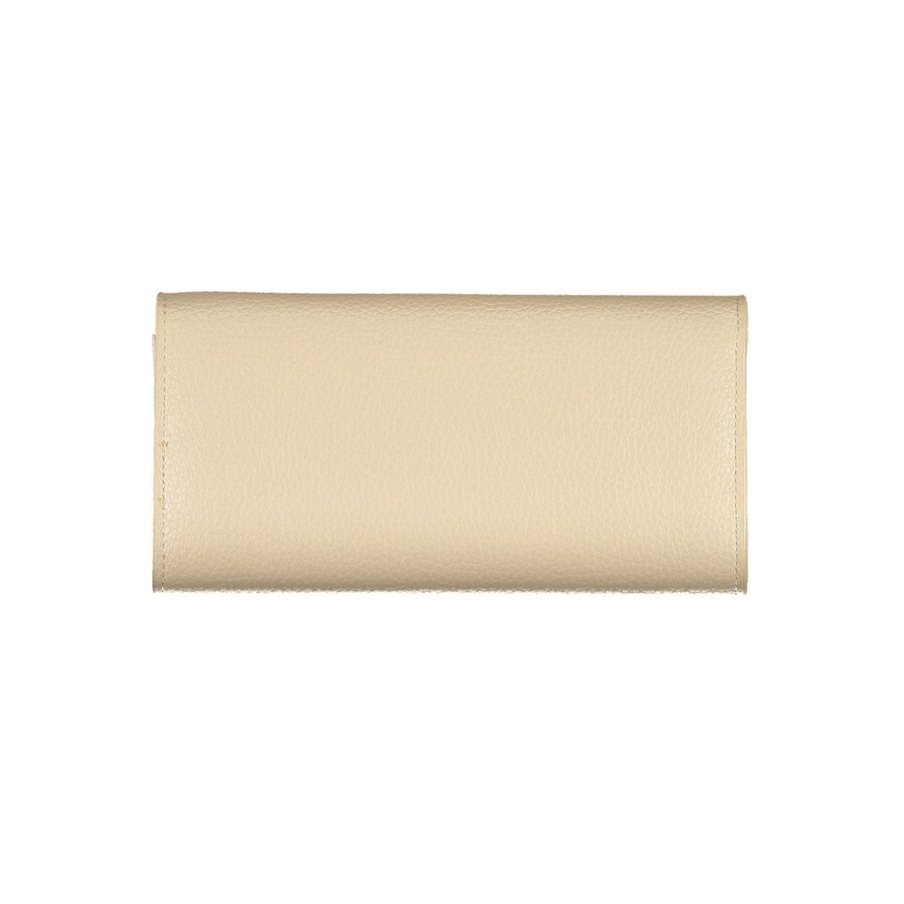 Mario Valentino Beige Polyurethane Women Wallet with secure zip coin purse and card spaces, showcasing signature Valentino Bags logo.