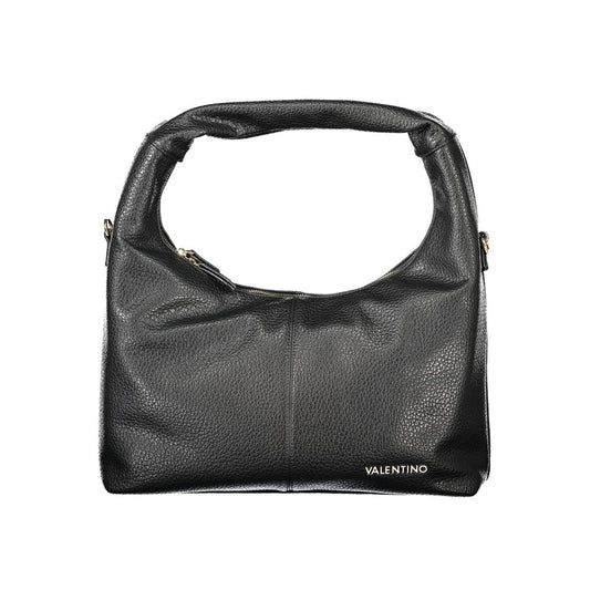 Mario Valentino Black Polyethylene Women Handbag with gold chain strap and snap closure, featuring iconic Valentino logo on the front.