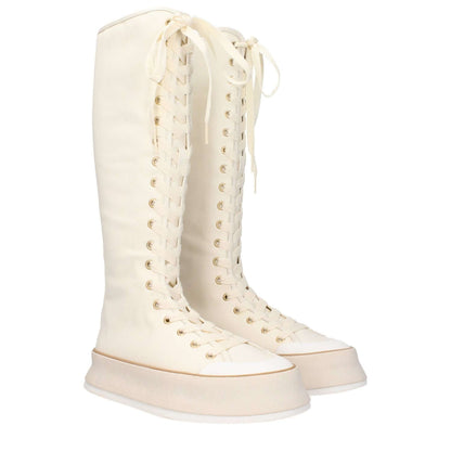 Max Mara Beige Fabric Lace-Up Boots with vintage effect, round toe, and wedge heel of 4/4.5 cm, ideal for casual style.