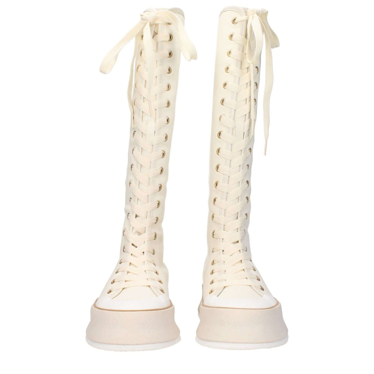 Max Mara Beige Fabric Lace-Up Boots with vintage effect and wedge heel, featuring a round toe design and rubber sole, casual style.