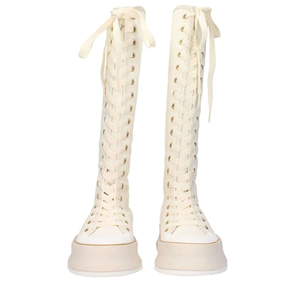Max Mara Beige Fabric Lace-Up Boots with vintage effect and wedge heel, featuring a round toe design and rubber sole, casual style.