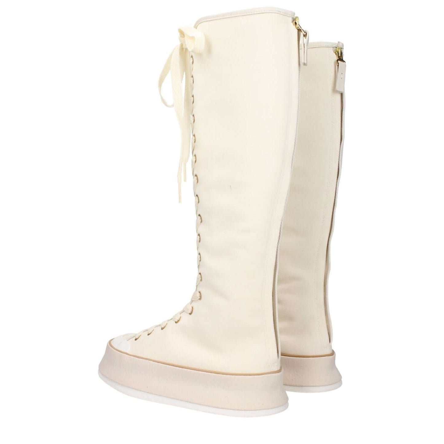 Max Mara Beige Fabric Lace-Up Boots with vintage effect, round toe, and rubber sole, featuring a casual style and wedge heel. MPN: 24147910316001.