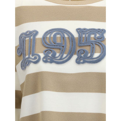 Max Mara Beige Fleece Wool Sweatshirt with brown and white stripes and '1951' embroidery