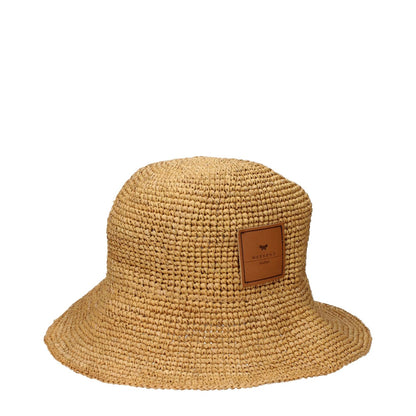 Max Mara Beige Raffia Bucket Hat with front logo and textured design.