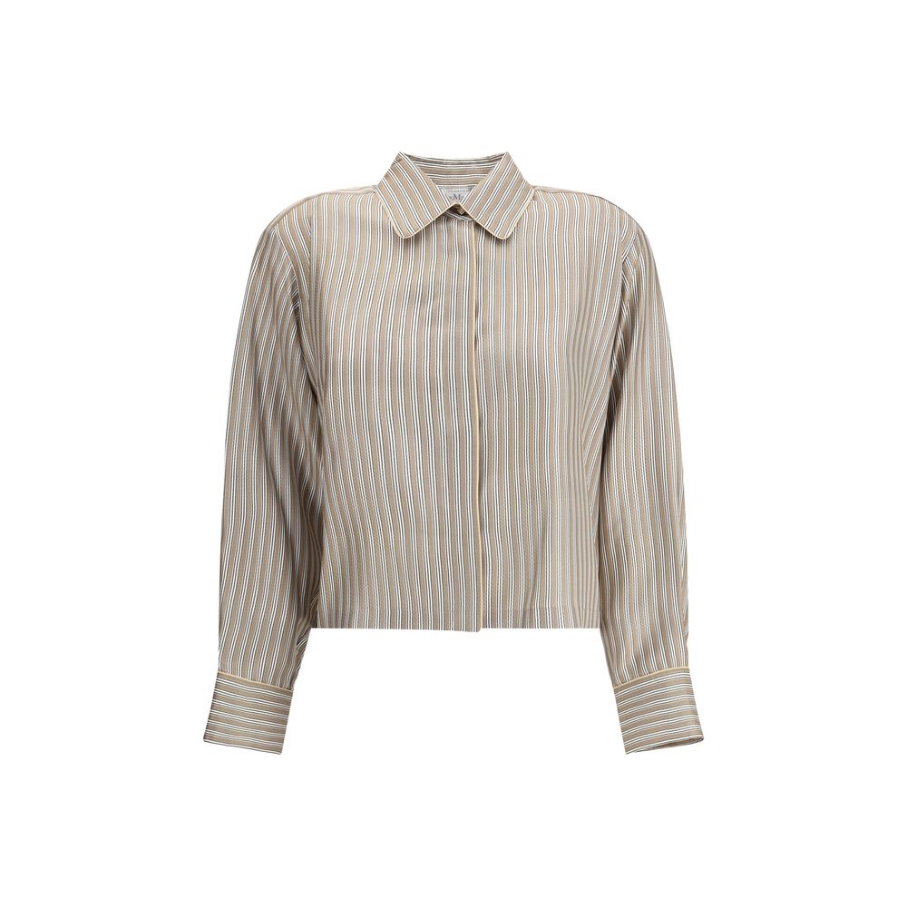 Max Mara Beige Silk Pattern Shirt with classic pointed collar and long sleeves, featuring striped fabric for a sophisticated look.