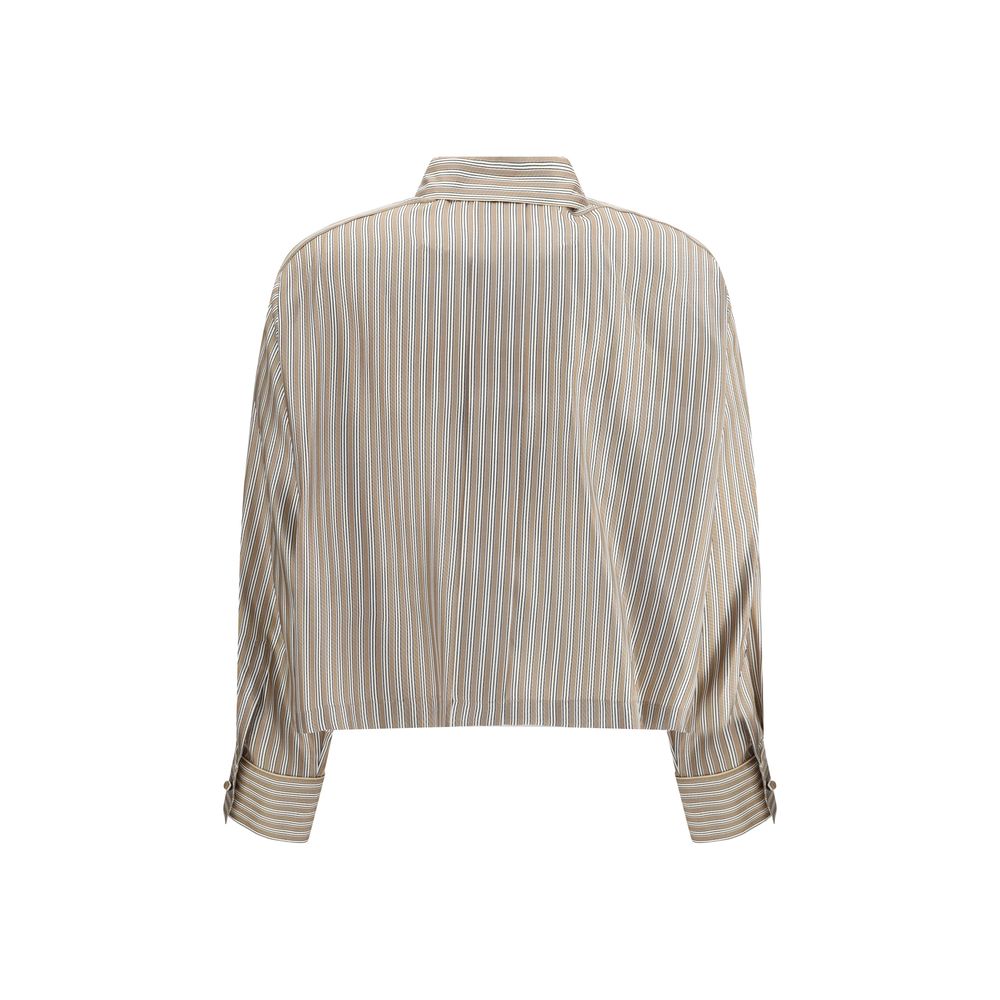 Rear view of Max Mara Beige Silk Pattern Shirt with striped fabric, classic collar, long sleeves, and button cuffs, elegant for AW25.