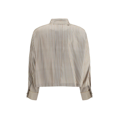 Rear view of Max Mara Beige Silk Pattern Shirt with striped fabric, classic collar, long sleeves, and button cuffs, elegant for AW25.
