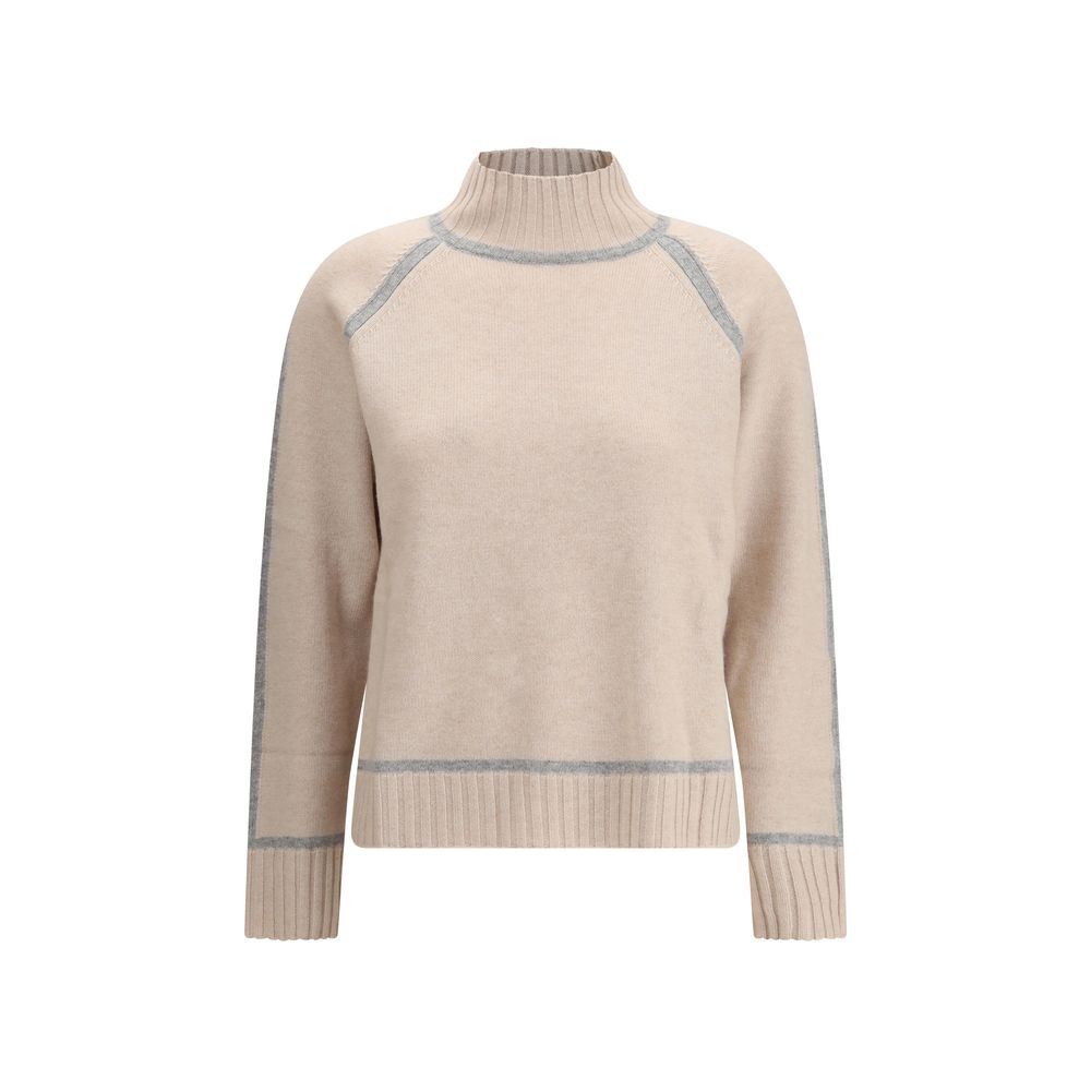 Max Mara Beige Wool Turtleneck with cashmere, high neck, and raglan sleeves, featuring ribbed edges, ideal for sophisticated everyday wear.