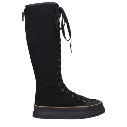 Max Mara Black Fabric Lace-Up Boots with rubber sole and wedge heel, featuring round toe and vintage effect design for casual style.