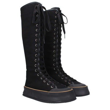 Max Mara Black Fabric Lace-Up Boots with vintage effect, wedge heel, casual style and rubber sole, featuring a round toe design.