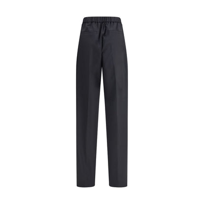 Max Mara Black Fleece Wool Casual Pants with front button and zipper, bellows pockets, and back welt pockets, ideal for sophisticated looks.