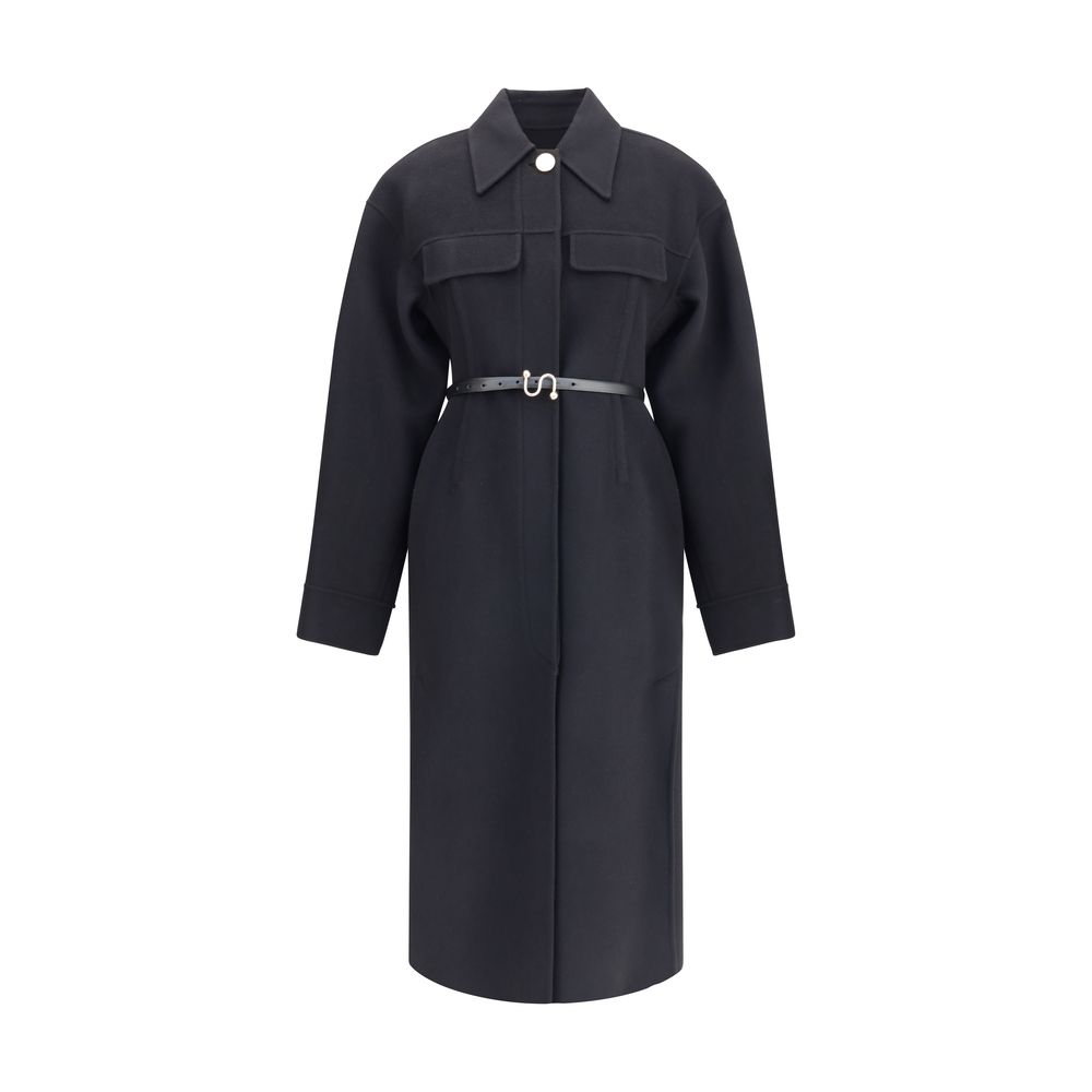 Max Mara Black Fleece Wool Coat with leather belt, featuring a tailored fit, shirt collar, and overlapping side slits, stylish winter wear.