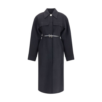 Max Mara Black Fleece Wool Coat with leather belt, featuring a tailored fit, shirt collar, and overlapping side slits, stylish winter wear.