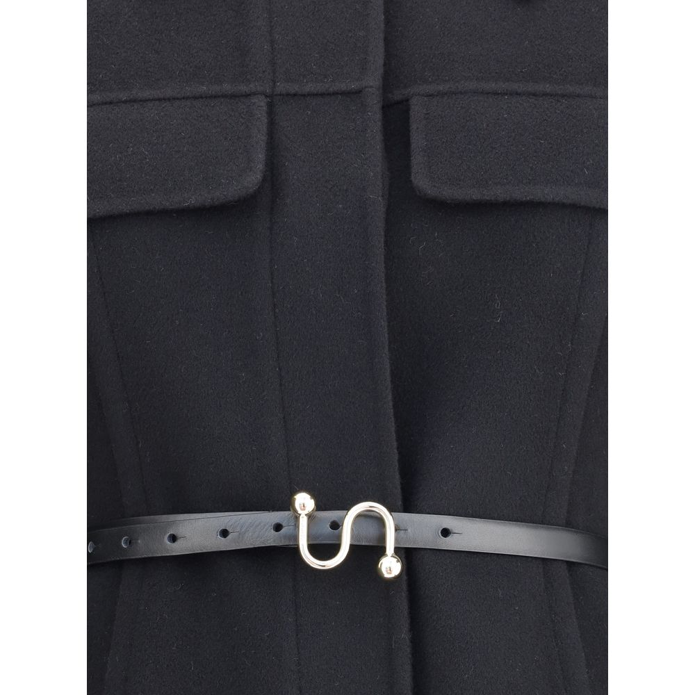 Max Mara Black Fleece Wool Coat with leather belt and "S" buckle detail