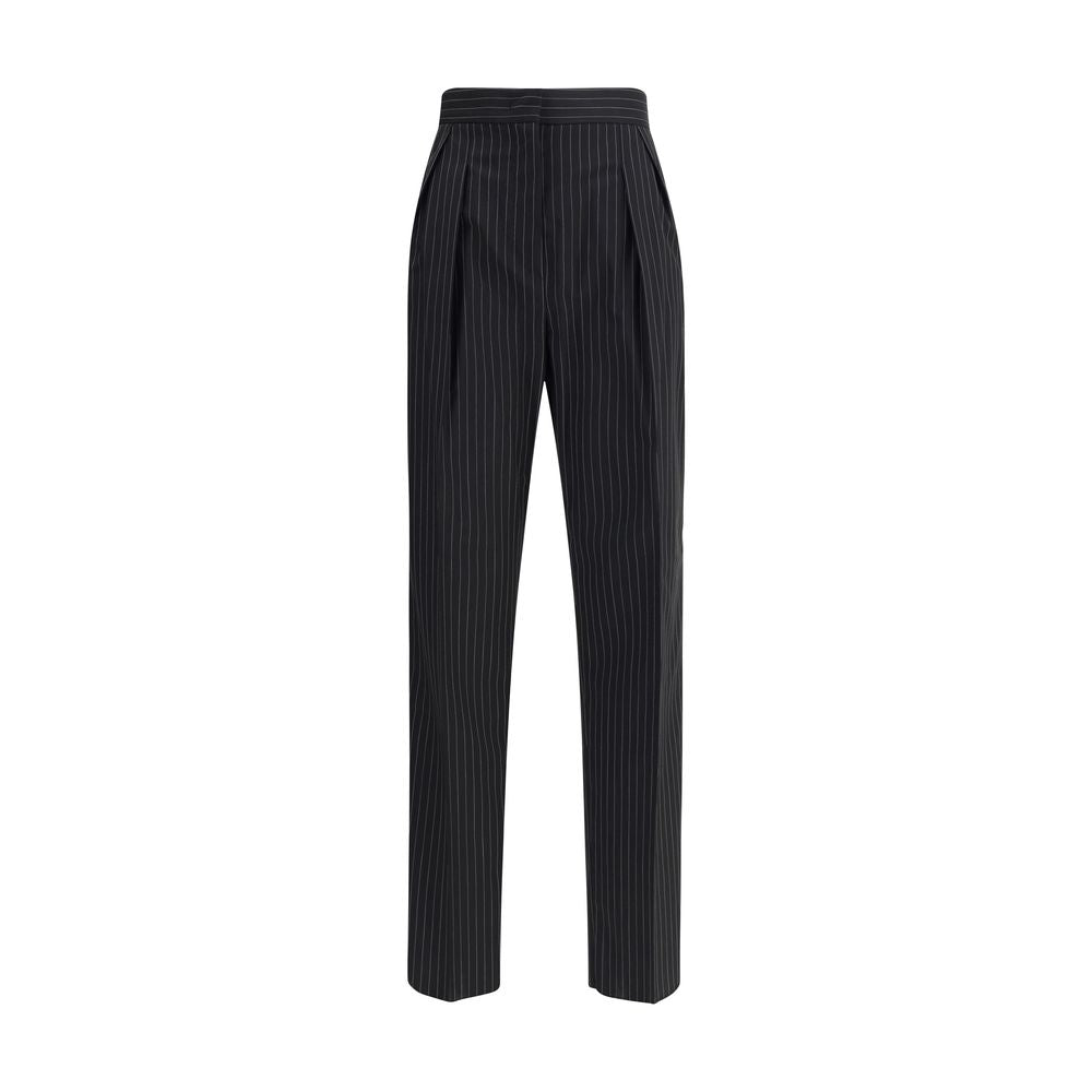 Max Mara Black Fleece Wool Dress Pants with striped embroidery and pleats, featuring side seam and back slit pockets.