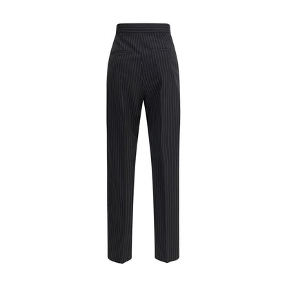 Max Mara Black Fleece Wool Dress Pants with striped embroidery, featuring side seam pockets and a concealed zipper closure.