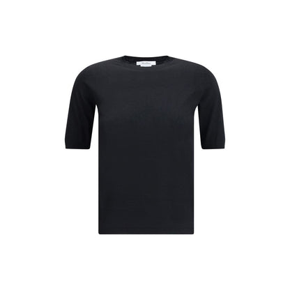 Max Mara Black Fleece Wool Top featuring short sleeves, ribbed hem, and crew neck for a sophisticated look. AW25 collection.