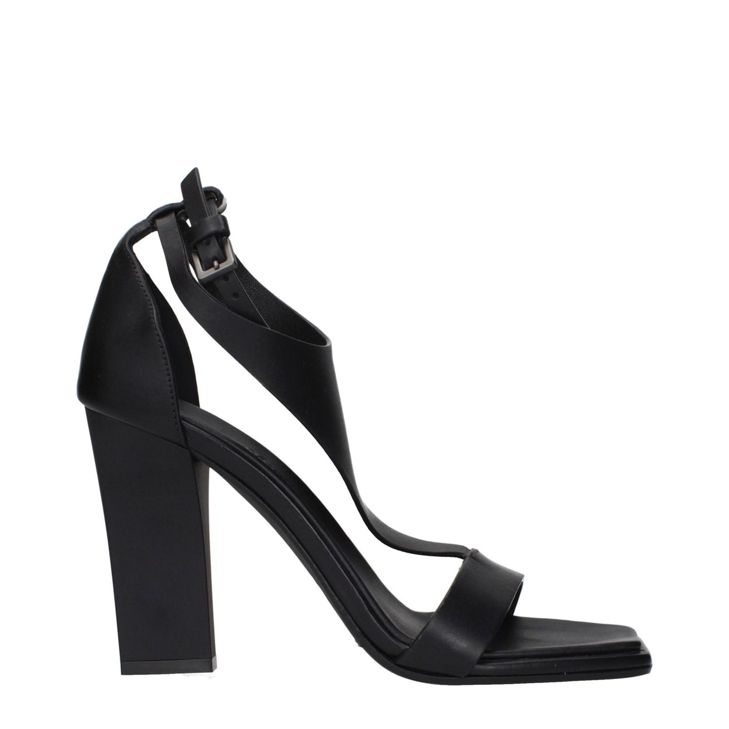 Max Mara Black Leather Stiletto Heel Sandals - Side view with ankle strap and block heel design, MPN 25145210336004, code F84892.