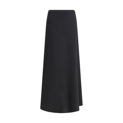 Max Mara Black Viscose Long Skirt with flared silhouette and wide waistband, featuring tone-on-tone logo embroidery. Elegant and fitted design.