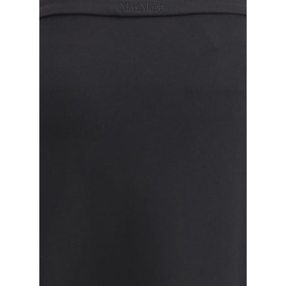 Close-up of Max Mara Black Viscose Long Skirt with tone-on-tone logo embroidery, highlighting compact viscose jersey fabric and waistband design.