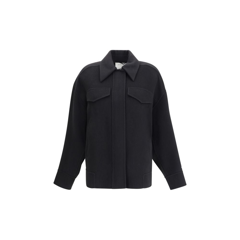 Max Mara Black Wool Cloacks jacket with a modern shirt collar and leather belt, featuring concealed zipper and inset pockets, elegant design.