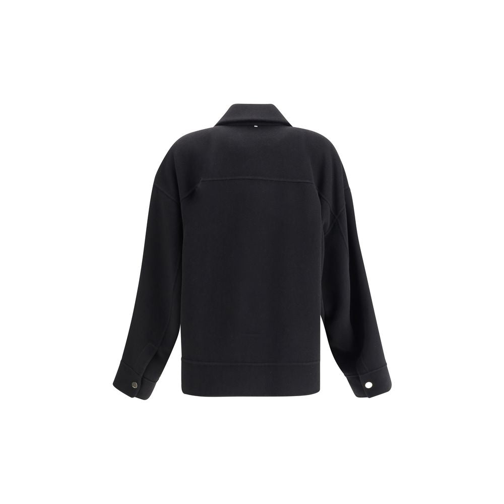 Back view of Max Mara Black Wool Cloacks showcasing elegant caban style with shirt collar and relaxed fit.