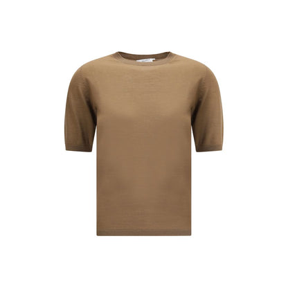 Max Mara Brown Fleece Wool Top, short-sleeved, crew neck, ribbed hem, 100% virgin wool, elegant fit for AW25 season.