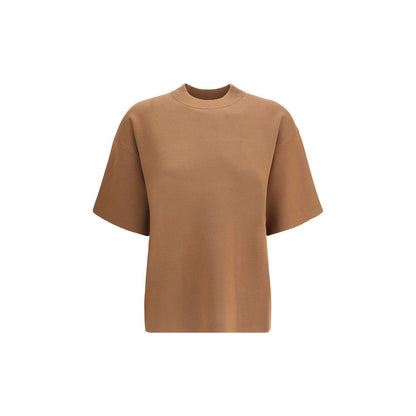 Max Mara Brown Polyester T-Shirt with ribbed crew neck, soft fabric, and oversize fit for casual style.