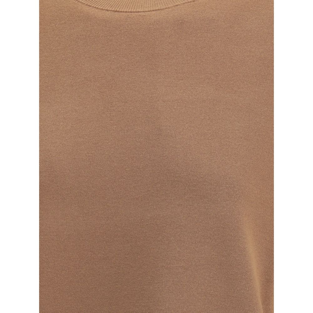 Max Mara Brown Polyester T-Shirt featuring essential design and ribbed crew neck for a casual, chic look. Perfect for seasonal wear.