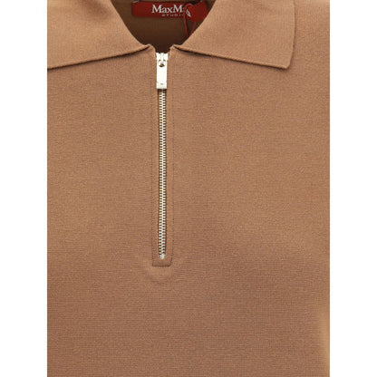 Close-up of Max Mara Brown Viscose Pattern Shirt showcasing front zipper, classic collar, and ribbed hem for a refined look.