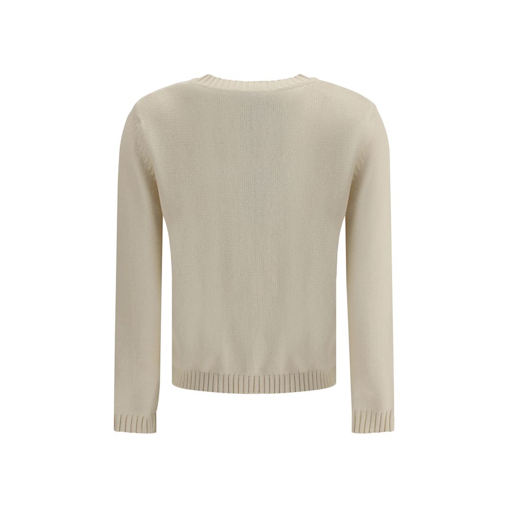 Back view of Max Mara Cream Cotton Sweatshirt with ribbed trim and jacquard lettering detail. Slim fit, 90% cotton, 10% polyester.