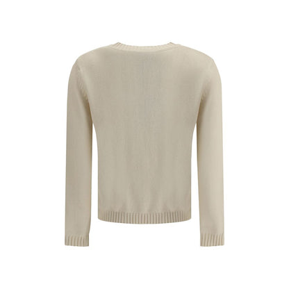 Back view of Max Mara Cream Cotton Sweatshirt with ribbed trim and jacquard lettering detail. Slim fit, 90% cotton, 10% polyester.