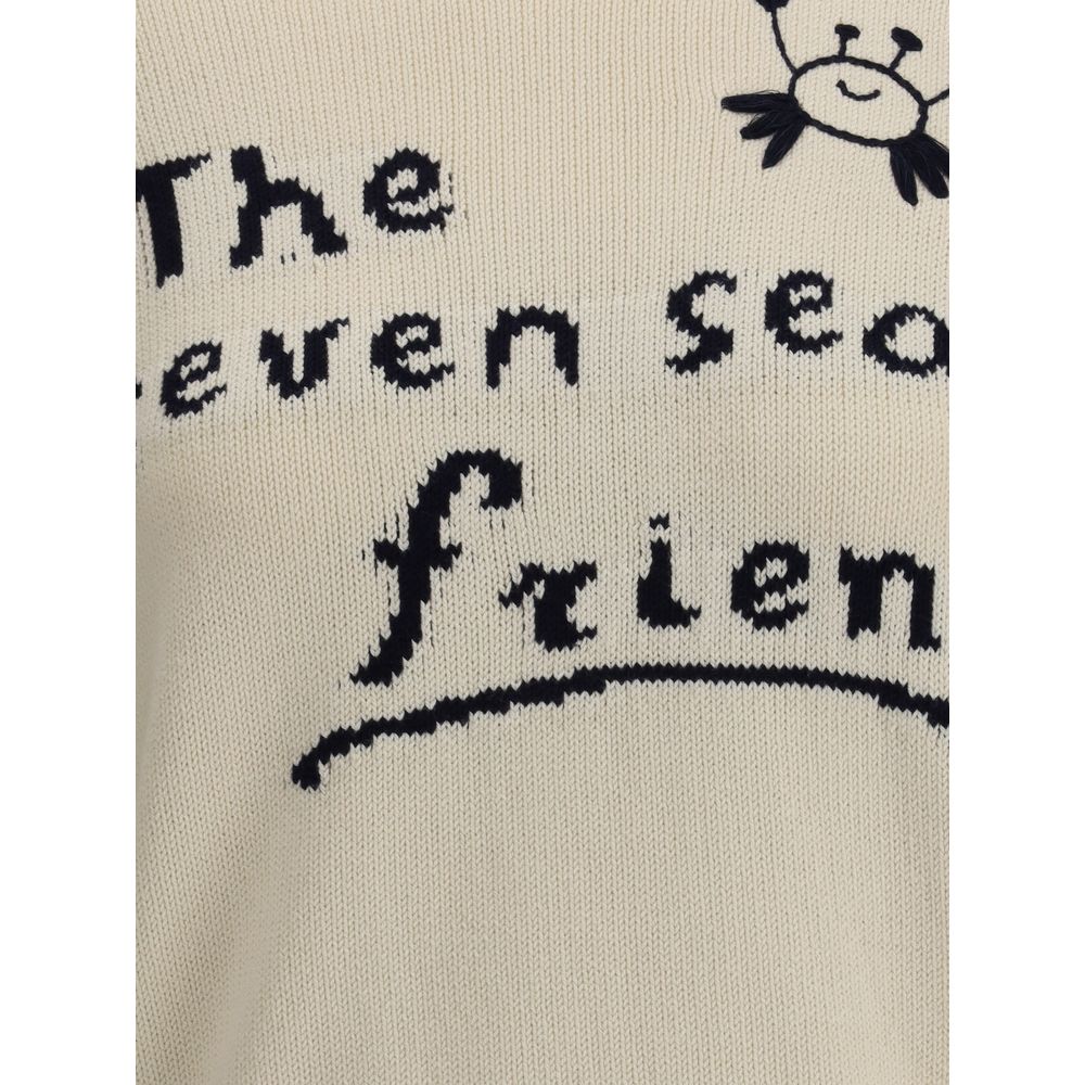 Max Mara Cream Cotton Sweatshirt featuring contrasting jacquard lettering design on the front, slim fit, ribbed trim for a modern look.